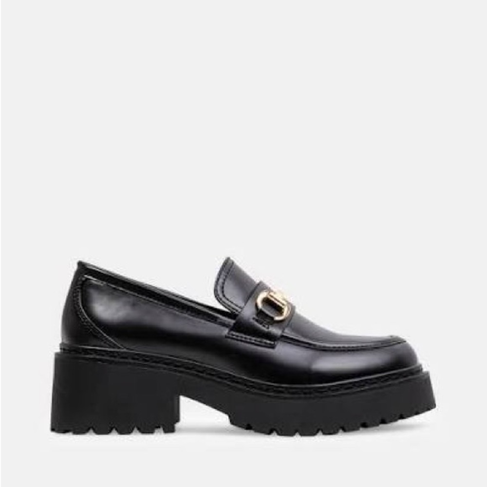 Black Chunky Platform Loafer with Gold Buckle